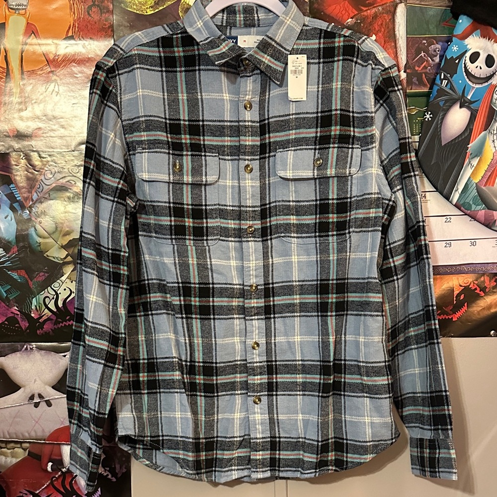 Old Navy Blue and Black Plaid Button Down Shirt